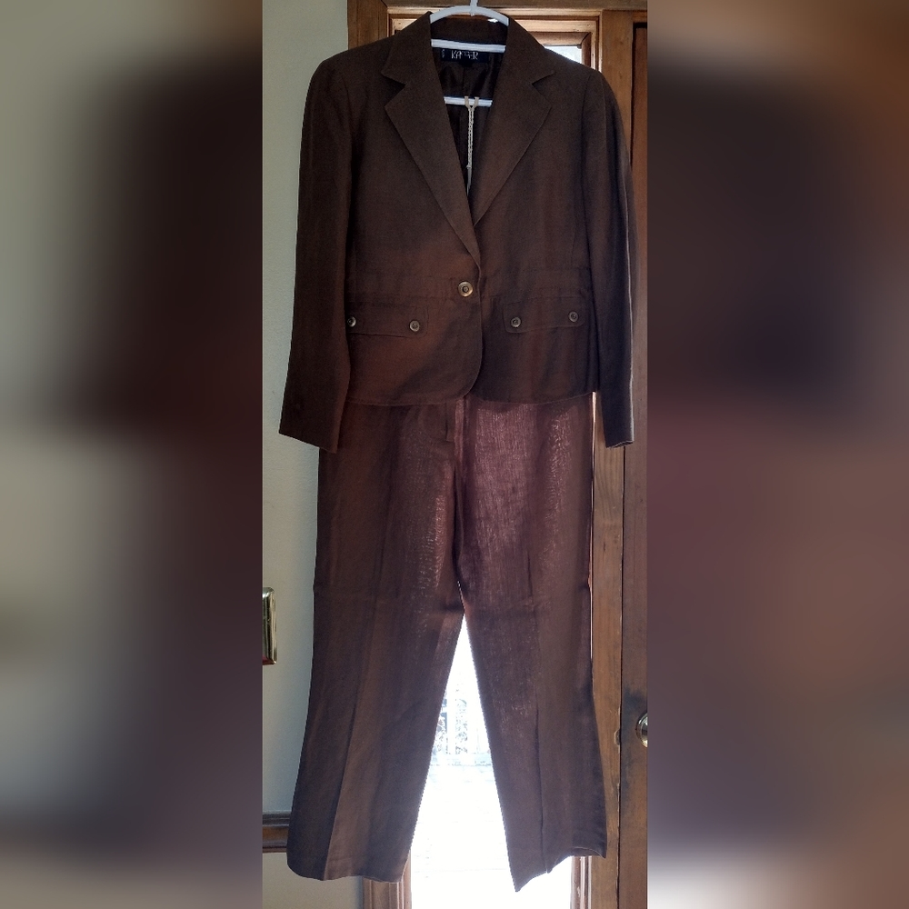 Brown Linen Women's Pant Suit Size 4 Petite Pageant Interview Suit Office Suit